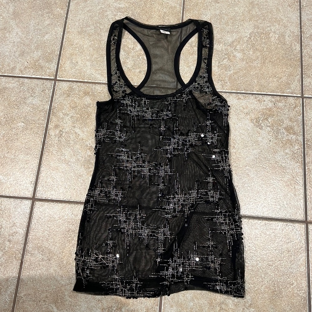 Women’s Daytrip Black Silver Sequined Sheer Mesh Metallic Tank Top Size Small